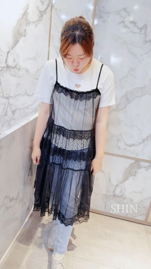 韓版網紗吊帶長版背心(黑/白) 