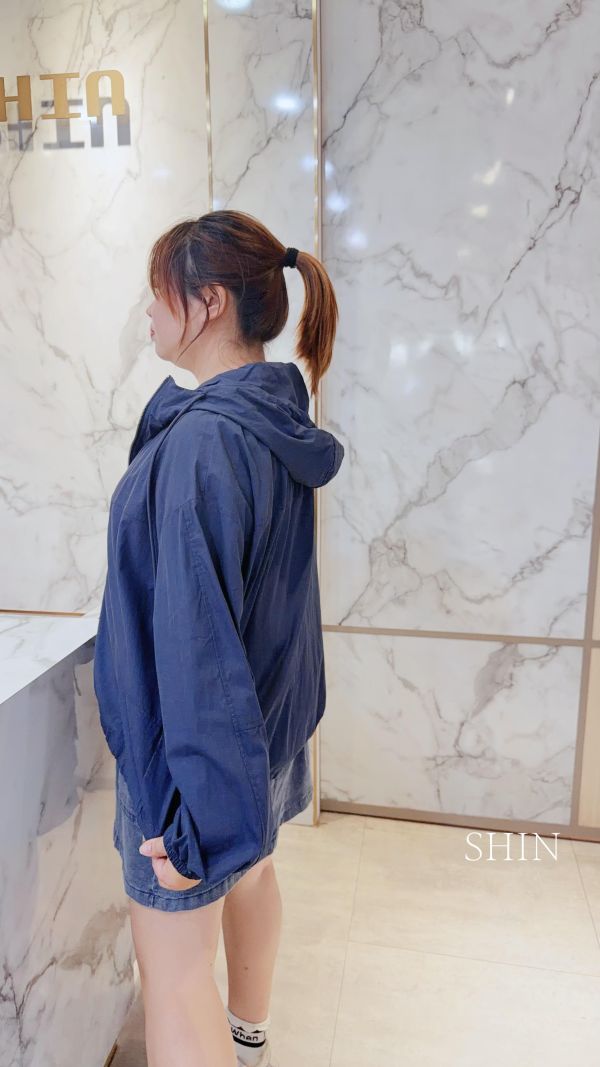 小中性帥連帽風衣外套(深藍/白) 