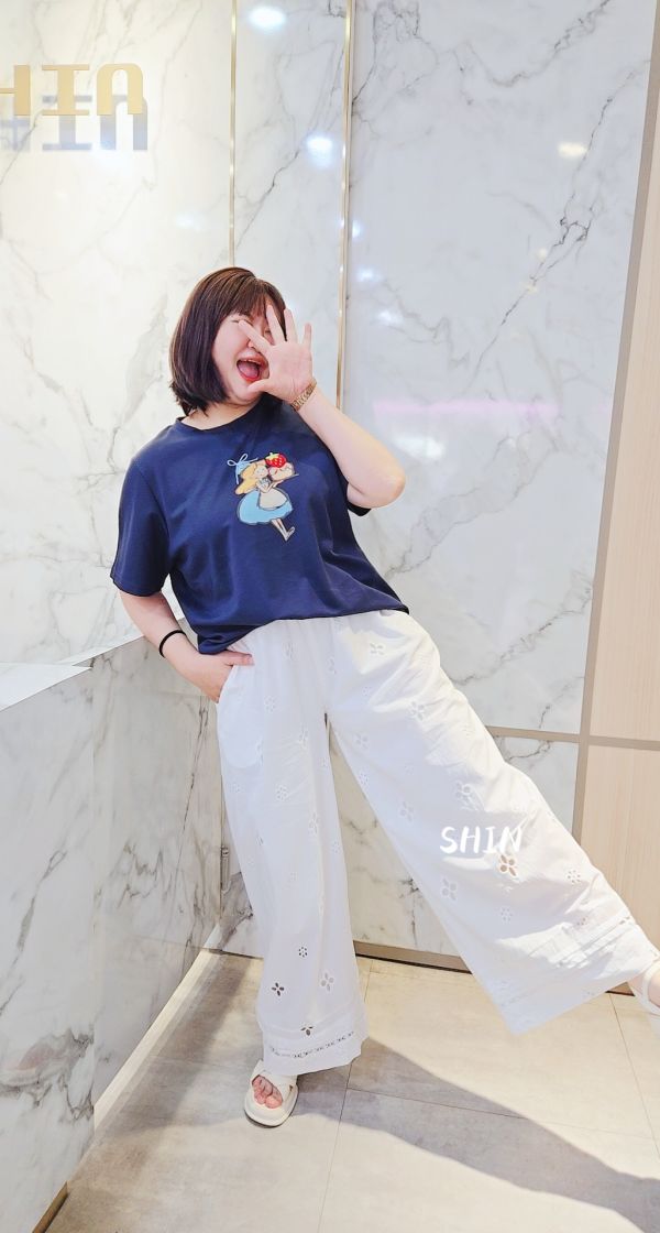 洞洞花棉麻長褲(杏/白) 