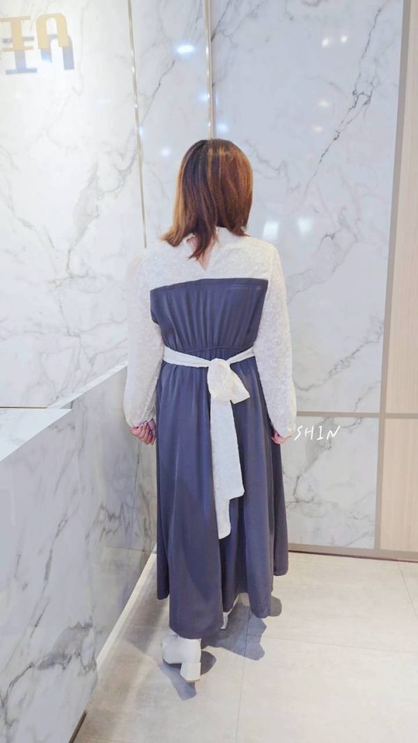 絕美蕾絲拼接綁帶長洋(奶茶/深灰) 