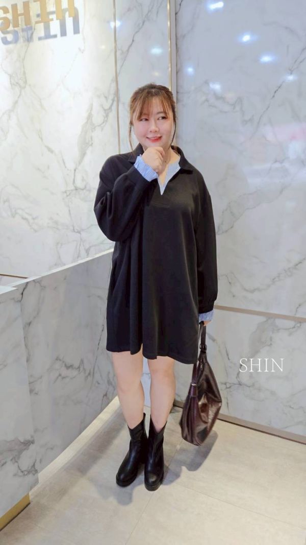 直紋襯衫領假兩件T(灰/黑) 