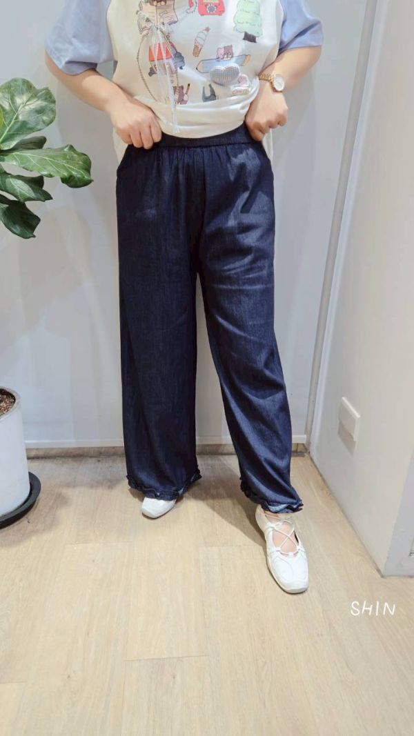 下擺波浪牛仔寬褲 