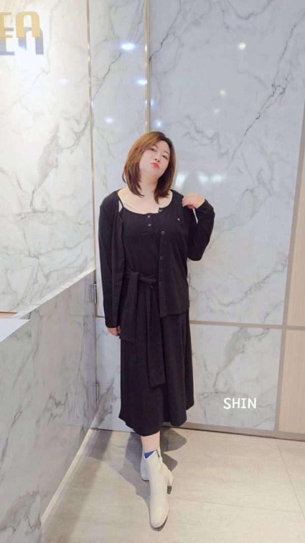 腰綁帶背心長洋+外套(黑/卡其) 