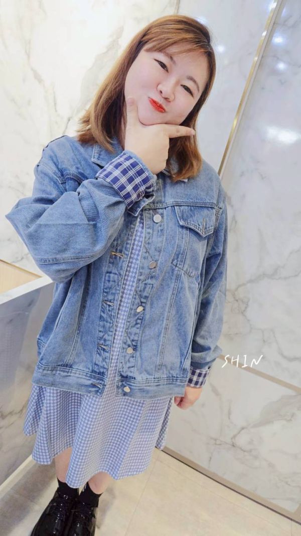 復古藍色反摺格袖牛仔外套 