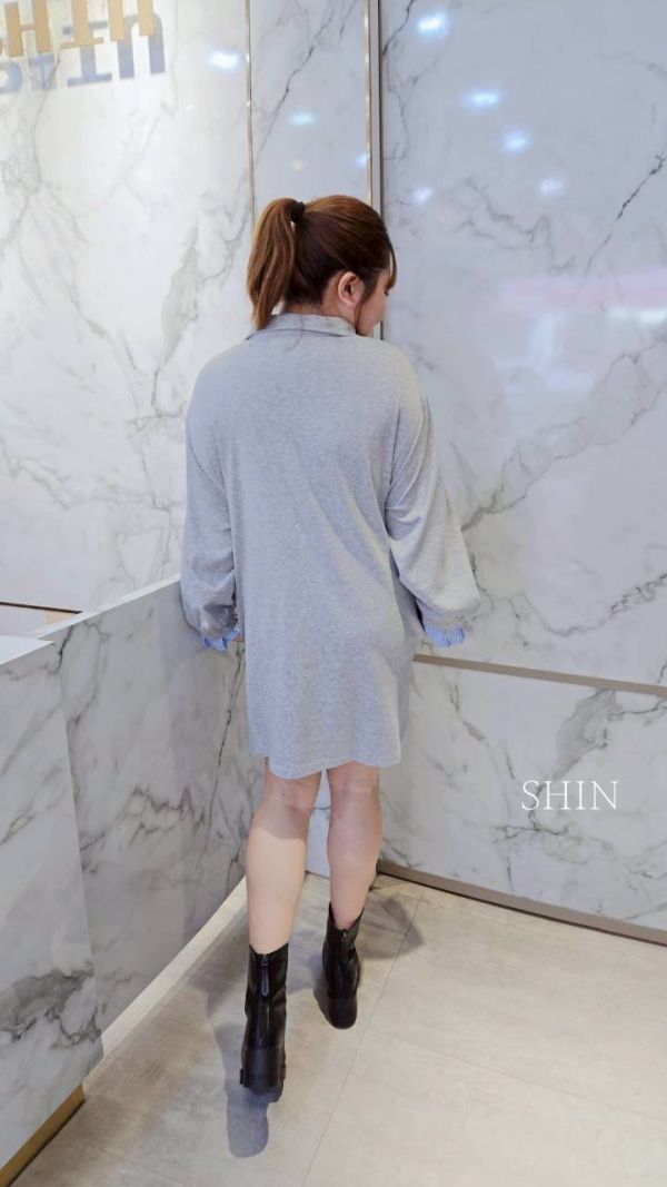 直紋襯衫領假兩件T(灰/黑) 