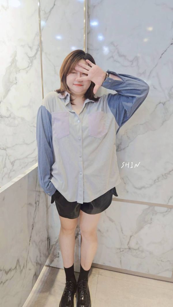 韓版燈芯絨撞色拼接襯衫(紫/灰/杏) 