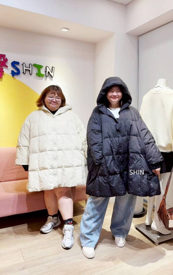 長版鴨絨方格外套(黑/杏) 