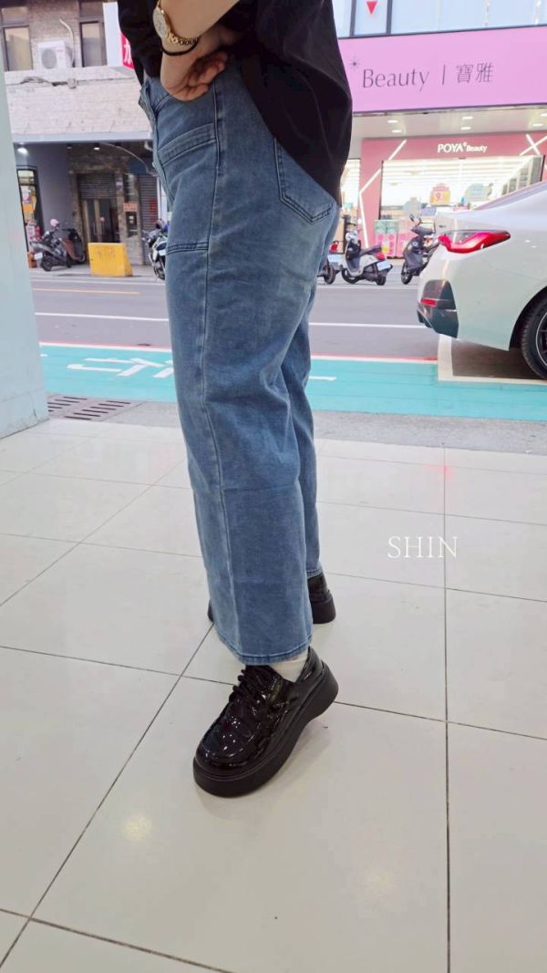 口袋牛仔闊腿褲 