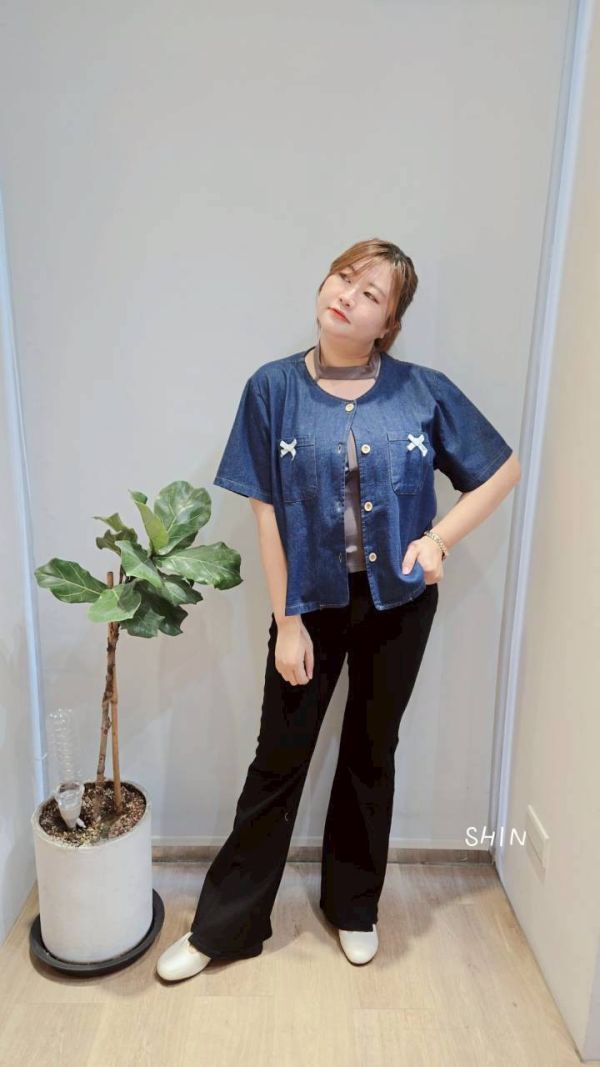 蝴蝶結牛仔短袖襯衫 