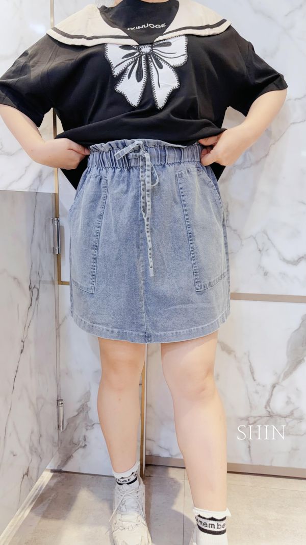 牛仔抽繩大口牛仔裙(深/淺) 