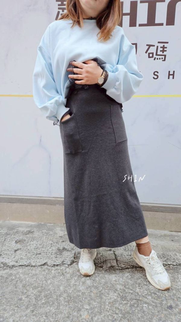 大口袋針織長裙(杏/咖/黑/灰) 