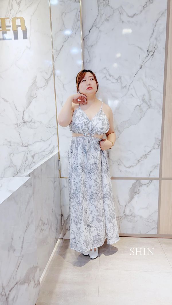 棉麻水墨花胸墊長洋(藍花/咖花) 