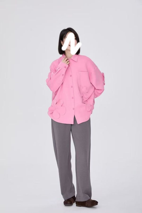 廣州高單自選設計師太空棉立體花襯衫(黑/粉/黃杏/灰/咖) 