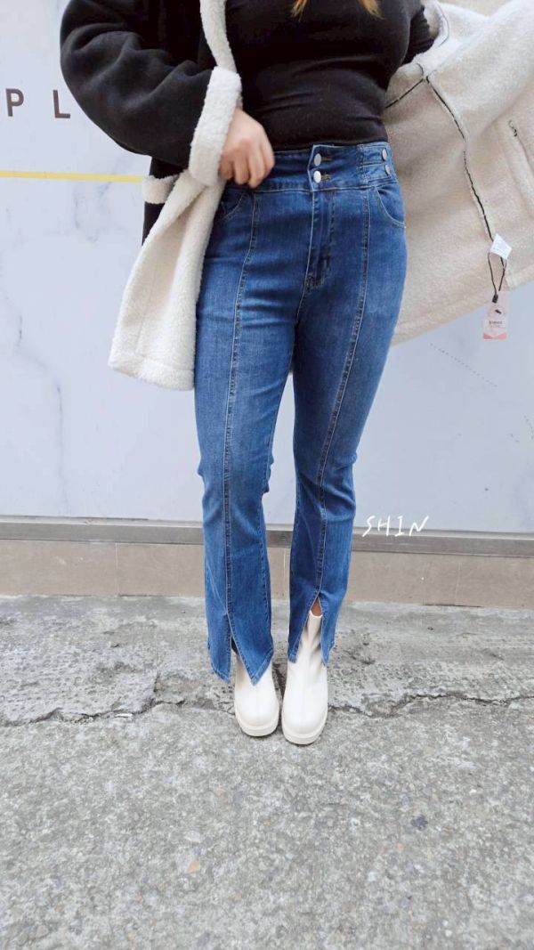 中線開衩牛仔喇叭褲(黑/藍) 