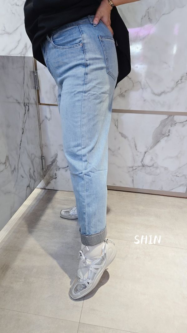 格子拼布牛仔寬褲 
