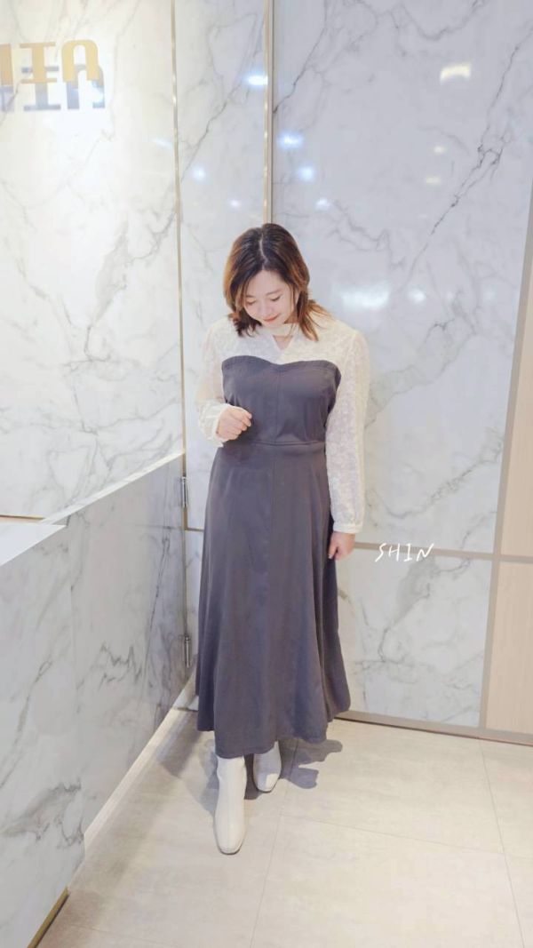 絕美蕾絲拼接綁帶長洋(奶茶/深灰) 