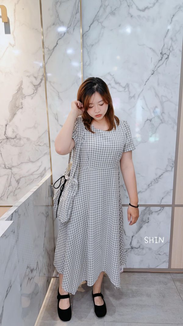 氣質女孩格子附包長洋 