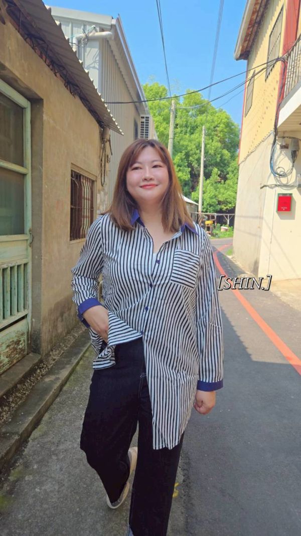 撞領條紋襯衫 