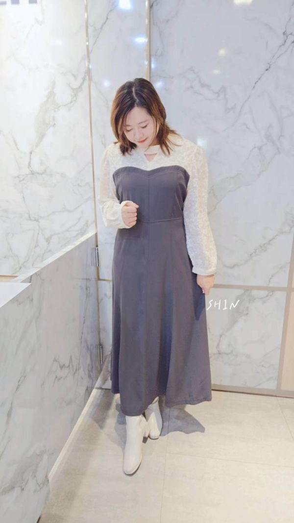 絕美蕾絲拼接綁帶長洋(奶茶/深灰) 