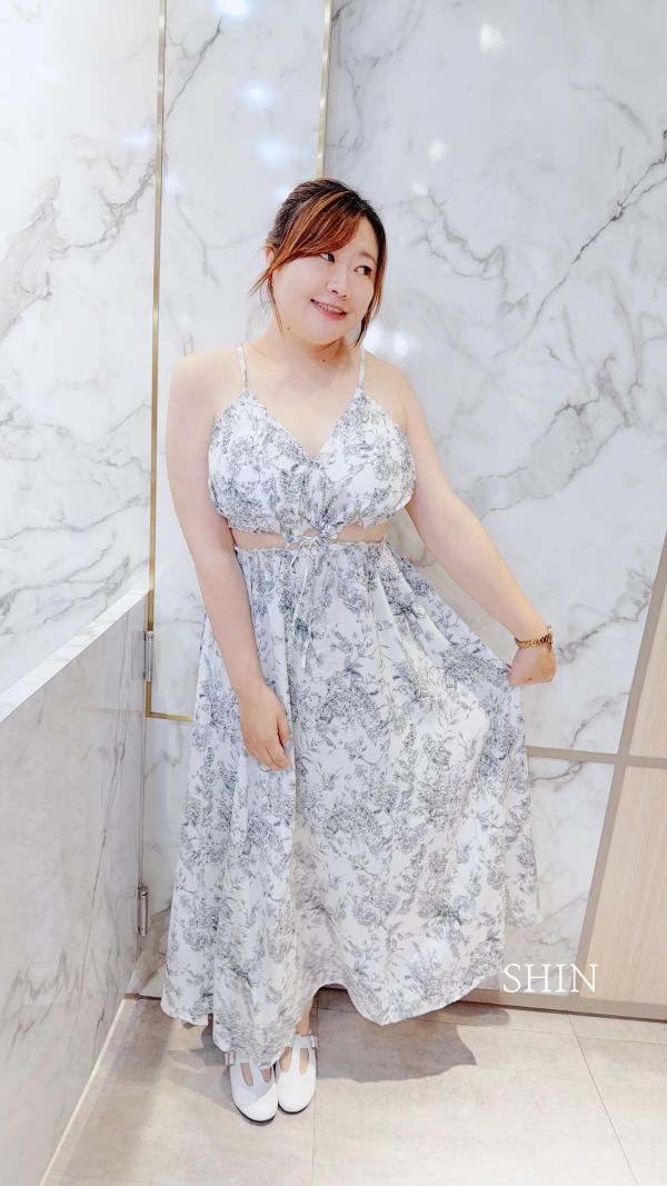 棉麻水墨花胸墊長洋(藍花/咖花) 