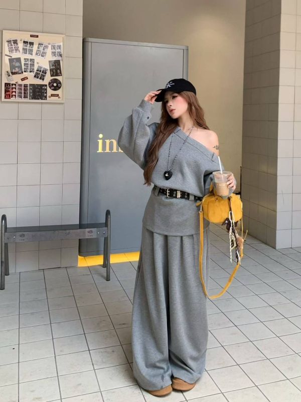 氣勢擔當的空氣棉長褲套裝配皮帶(黑/灰) 