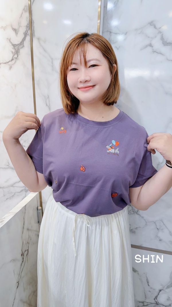刺繡狗拼鑽涼感T(紫/黑) 
