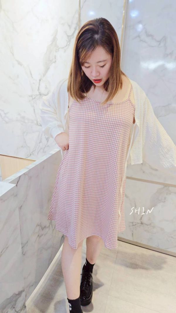 菱格紋細肩帶短洋(藍/粉/咖) 