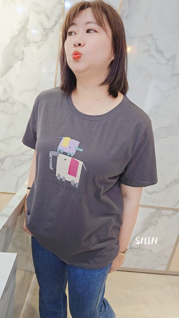 日系拼布大象竹節冰瓷T(墨灰/水藍) 