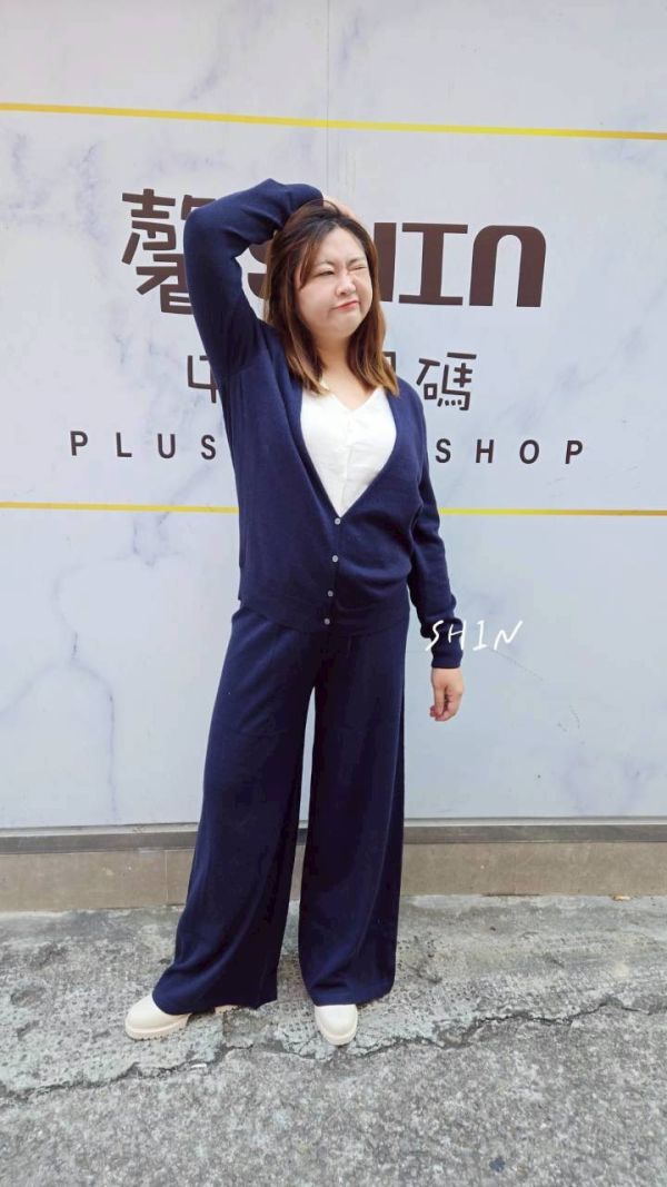 假兩件針織上衣寬褲套裝(深藍/灰) 