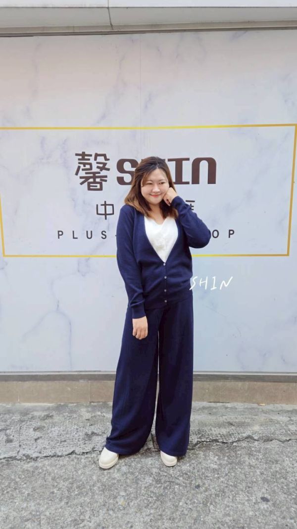 假兩件針織上衣寬褲套裝(深藍/灰) 