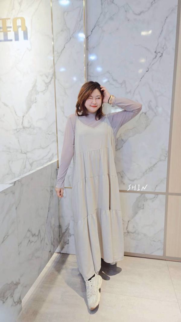 透膚木耳邊+細肩吊帶蛋糕洋(杏/灰/黑) 