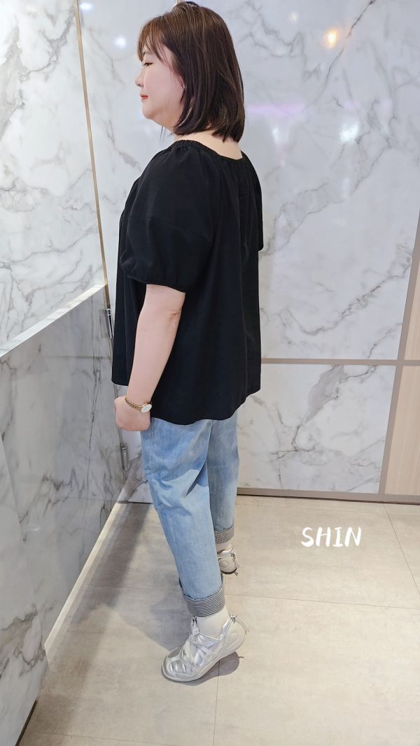 格子拼布牛仔寬褲 