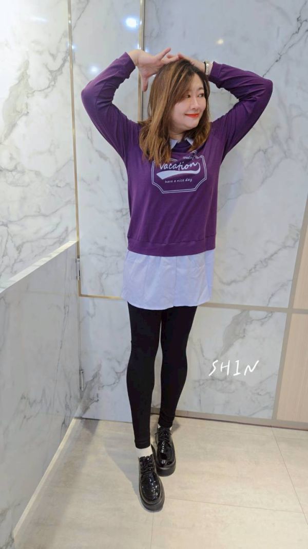 拼接色襯衫領長版衣(紫/灰) 