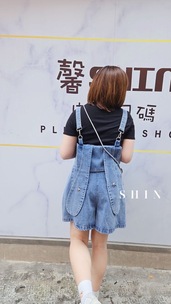 兔兔耳朵吊帶短褲(紫/牛仔) 