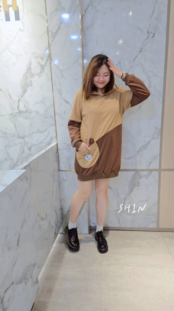 熊熊拼接長版帽T(紅/咖) 