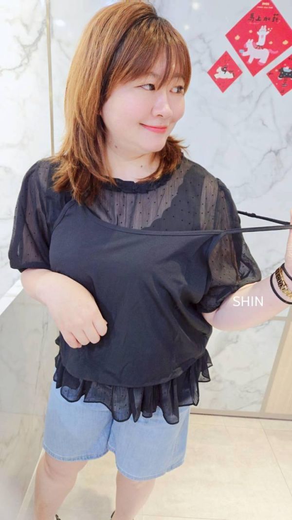 黑色個性點點雪紡真兩件上衣 