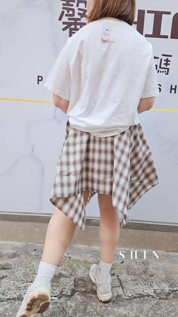 格子不規則百搭半裙(藍/卡其) 