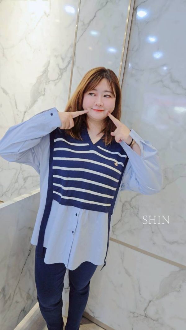 毛織拼接襯衫女假兩件(藍/白/杏) 