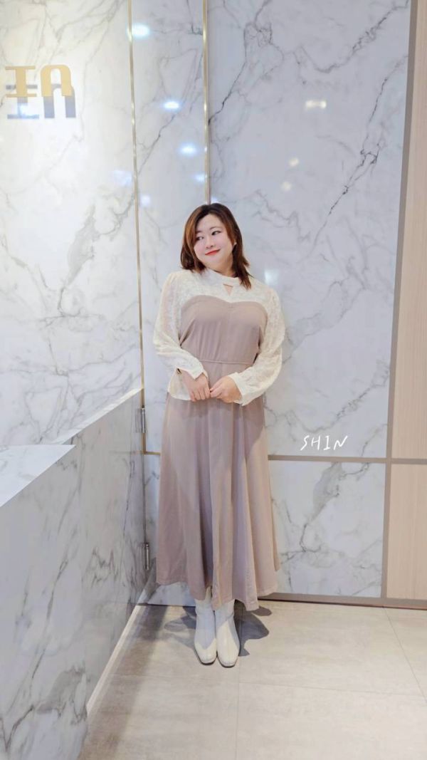 絕美蕾絲拼接綁帶長洋(奶茶/深灰) 