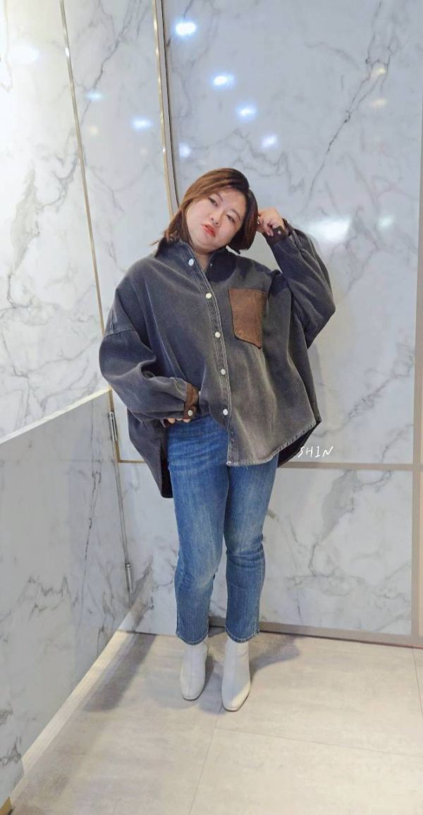 韓版撞色領刷毛襯衫(黑/藍) 