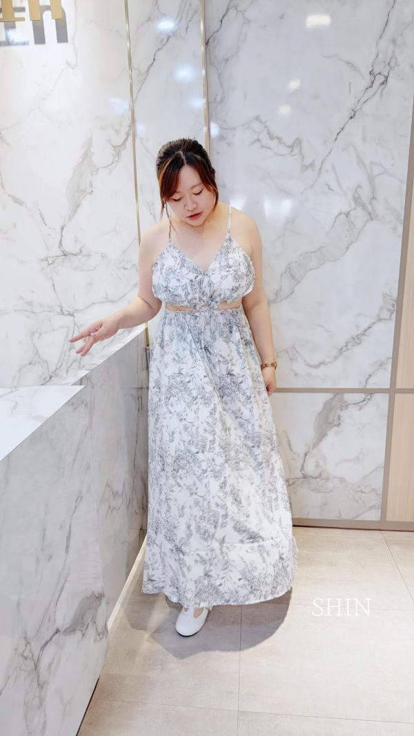 棉麻水墨花胸墊長洋(藍花/咖花) 