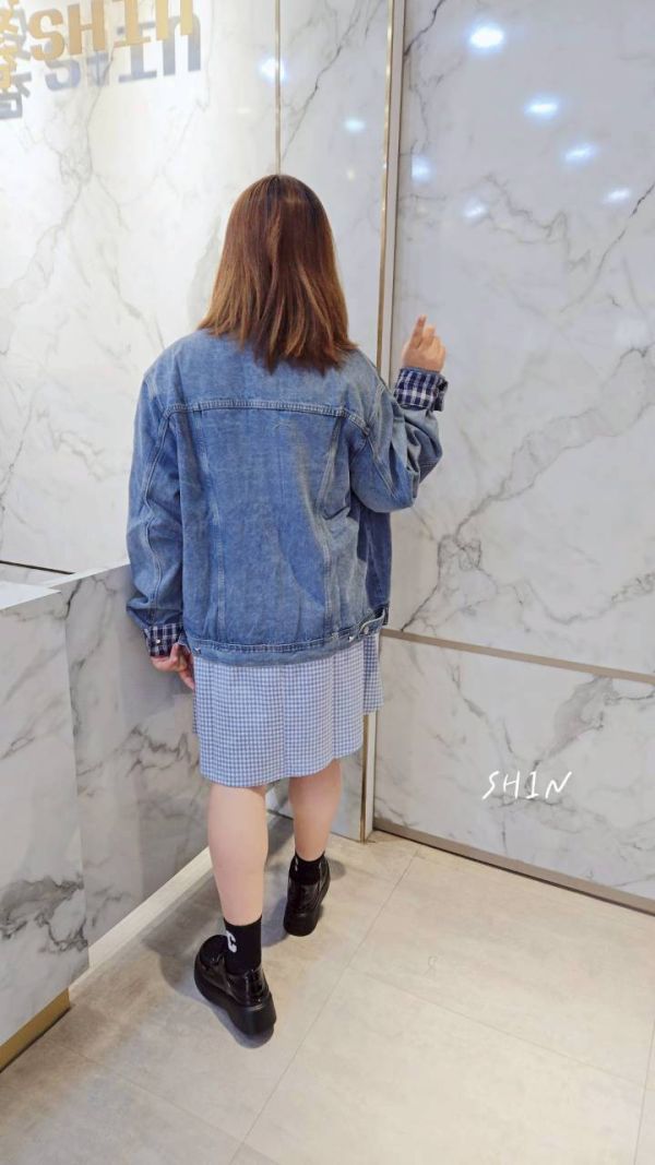復古藍色反摺格袖牛仔外套 