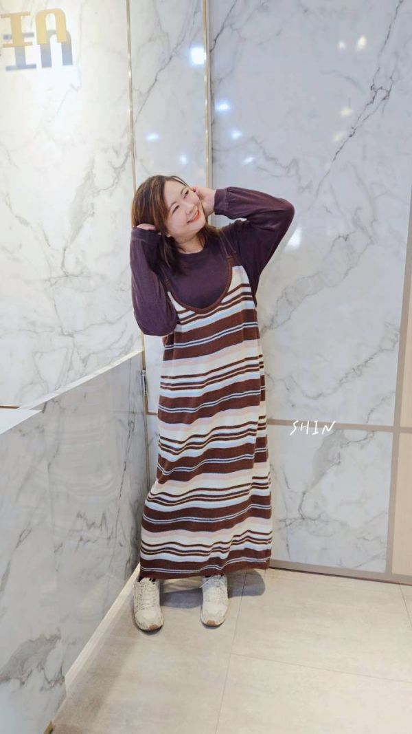 T+條紋長版針織洋(黑/杏/咖) 