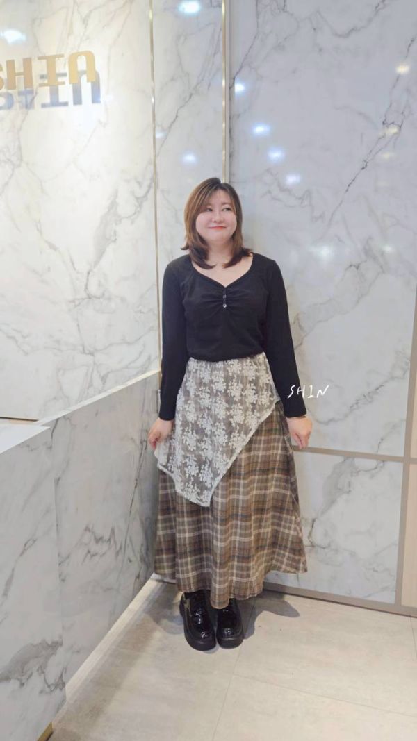 韓版毛呢格拼蕾絲長裙(咖/黑灰) 