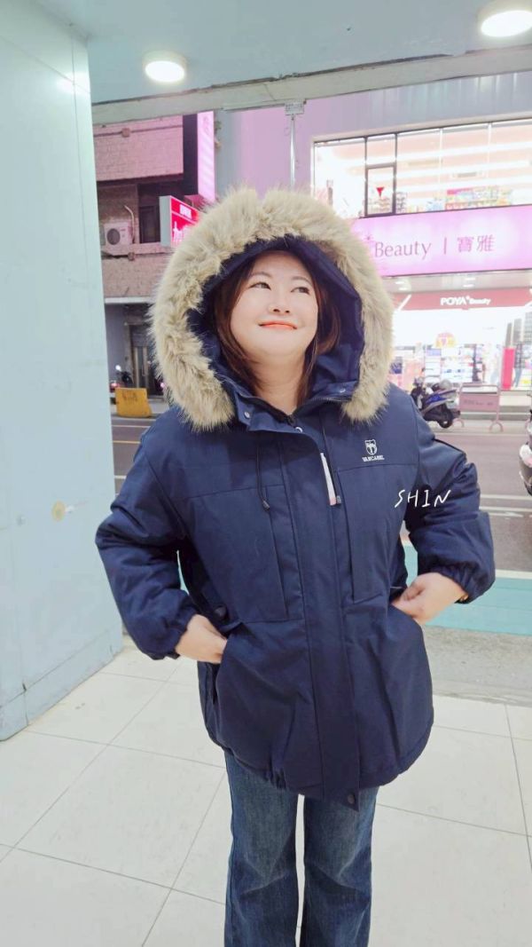 毛毛帽刷毛風衣外套(黑/深藍) 