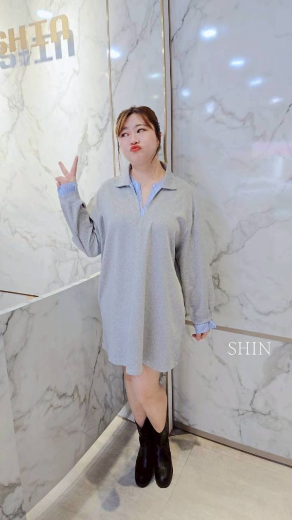 直紋襯衫領假兩件T(灰/黑) 