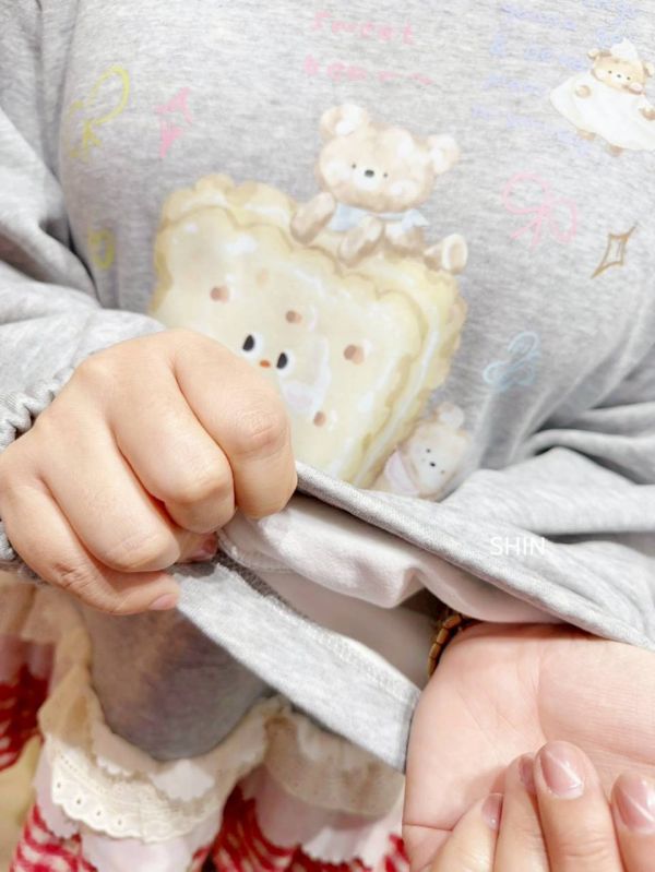 韓版小熊內磨毛蕾絲拼接T(咖/灰) 