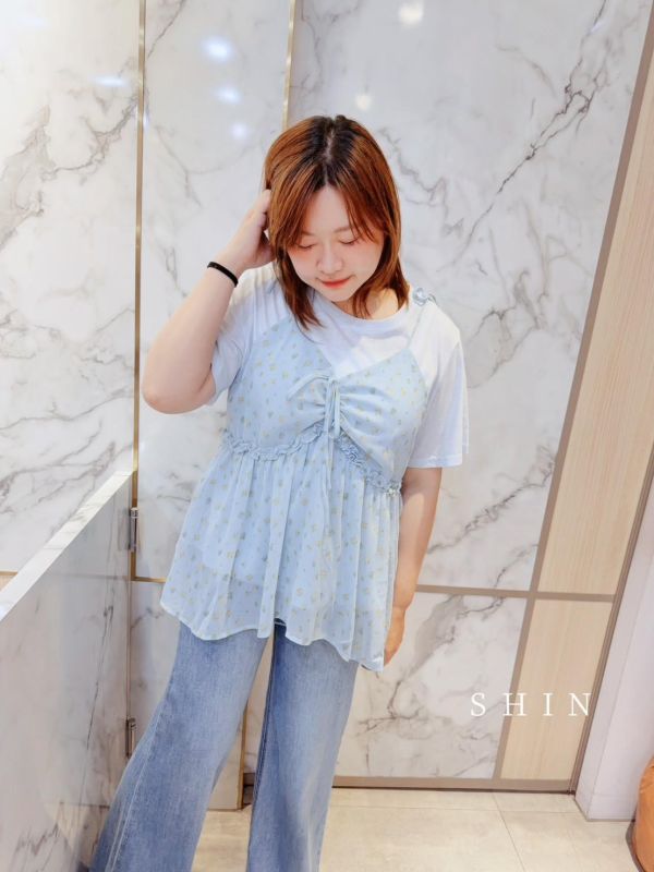 日系漂漂碎花背心上衣組(黑/藍/黃/紫) 