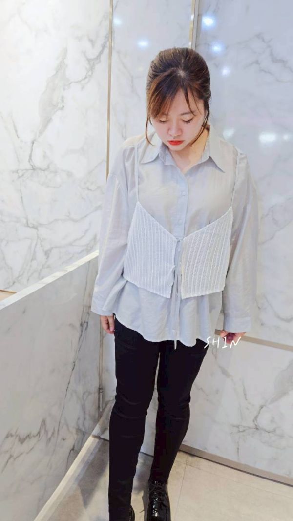 假兩件蕾絲背心雪紡襯衫(白/奶茶/灰) 