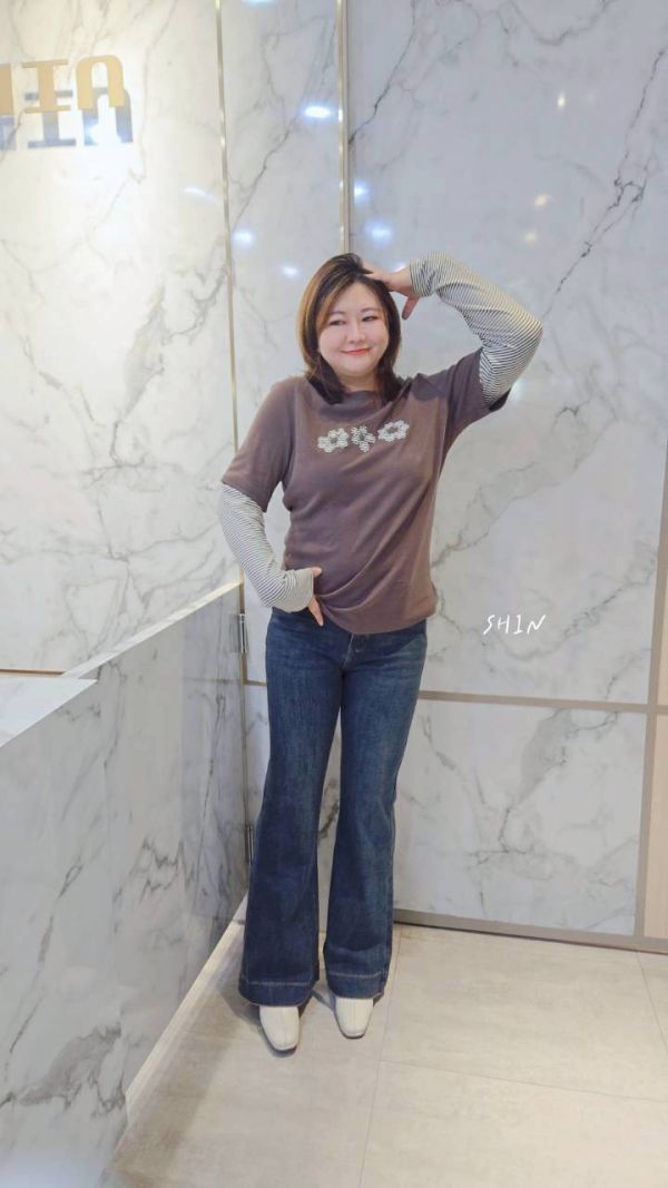 三花條紋袖假兩件T(黑/深藍/咖) 